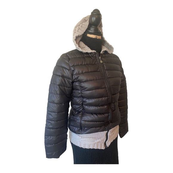 Black Puffer Jacket with Cable Knit Hood - Picture 2 of 8